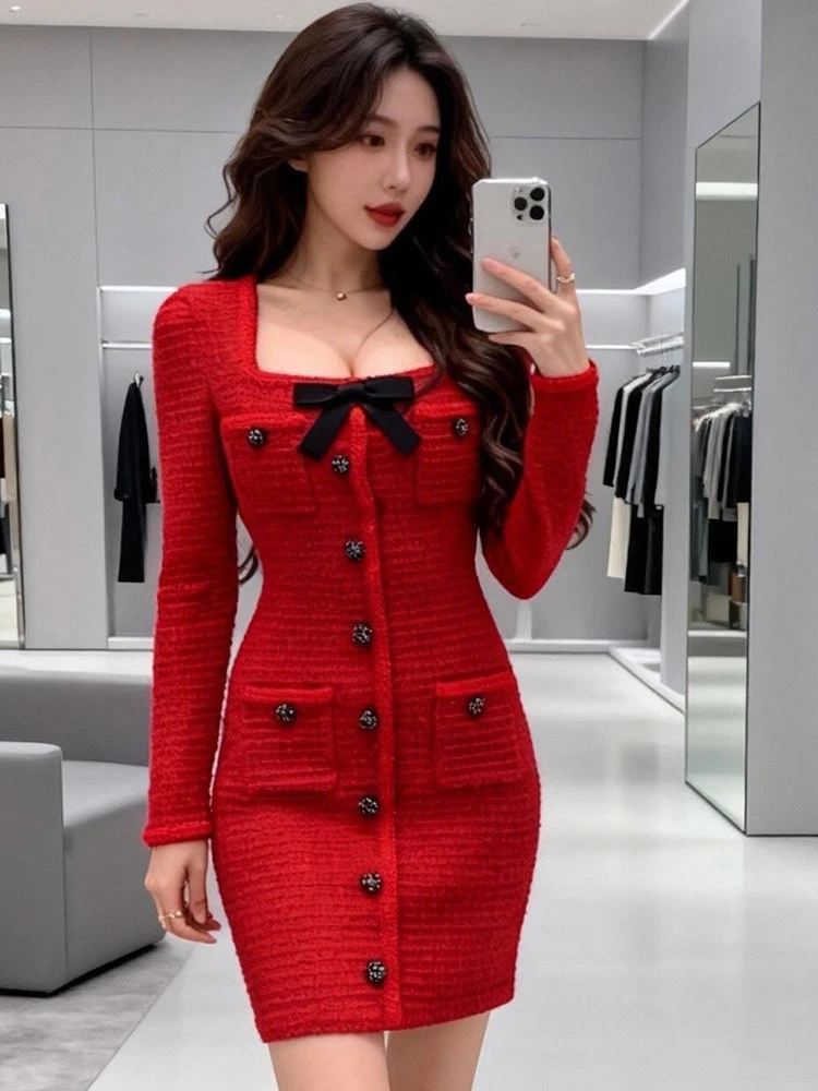 

Red New Year Birthday Par Host Ele Small Fraance Sle Dr High Waist Knitted Long Sve Slim Fit A-Line Gown