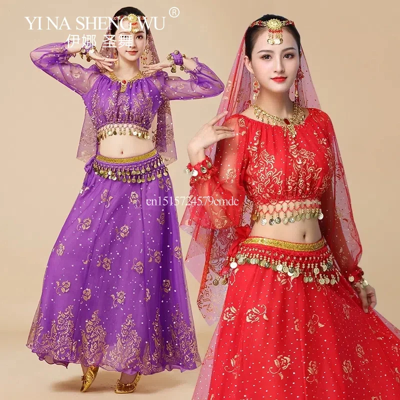 Nouveau ensemble de costumes de Bollywood vêtements de spectacle de danse du ventre en mousseline de soie à paillettes haut à manches longues femmes adultes ensemble de costumes de danse indienne
