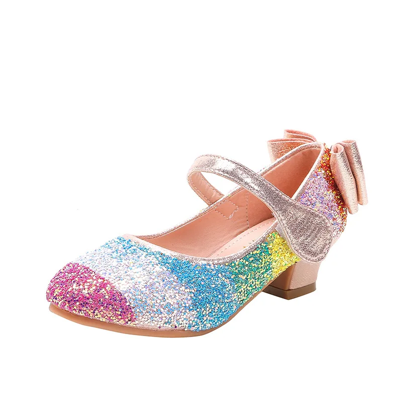 

Rainbow High-heeled Shoes for Girl Versatile Children Glitter Leather Shoes Kid Sequined Shoes Princess Student Party Dance Shoe