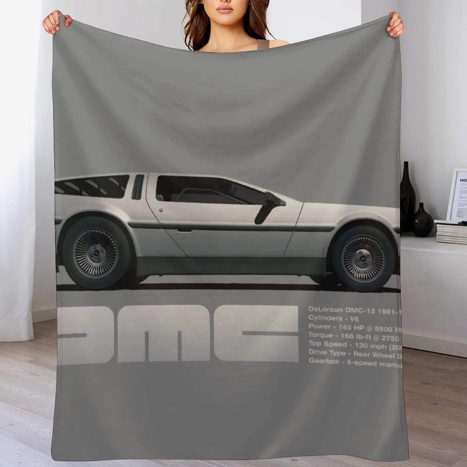 

DeLorean DMC-12 cartoon retro style car side view with specs Throw Blanket