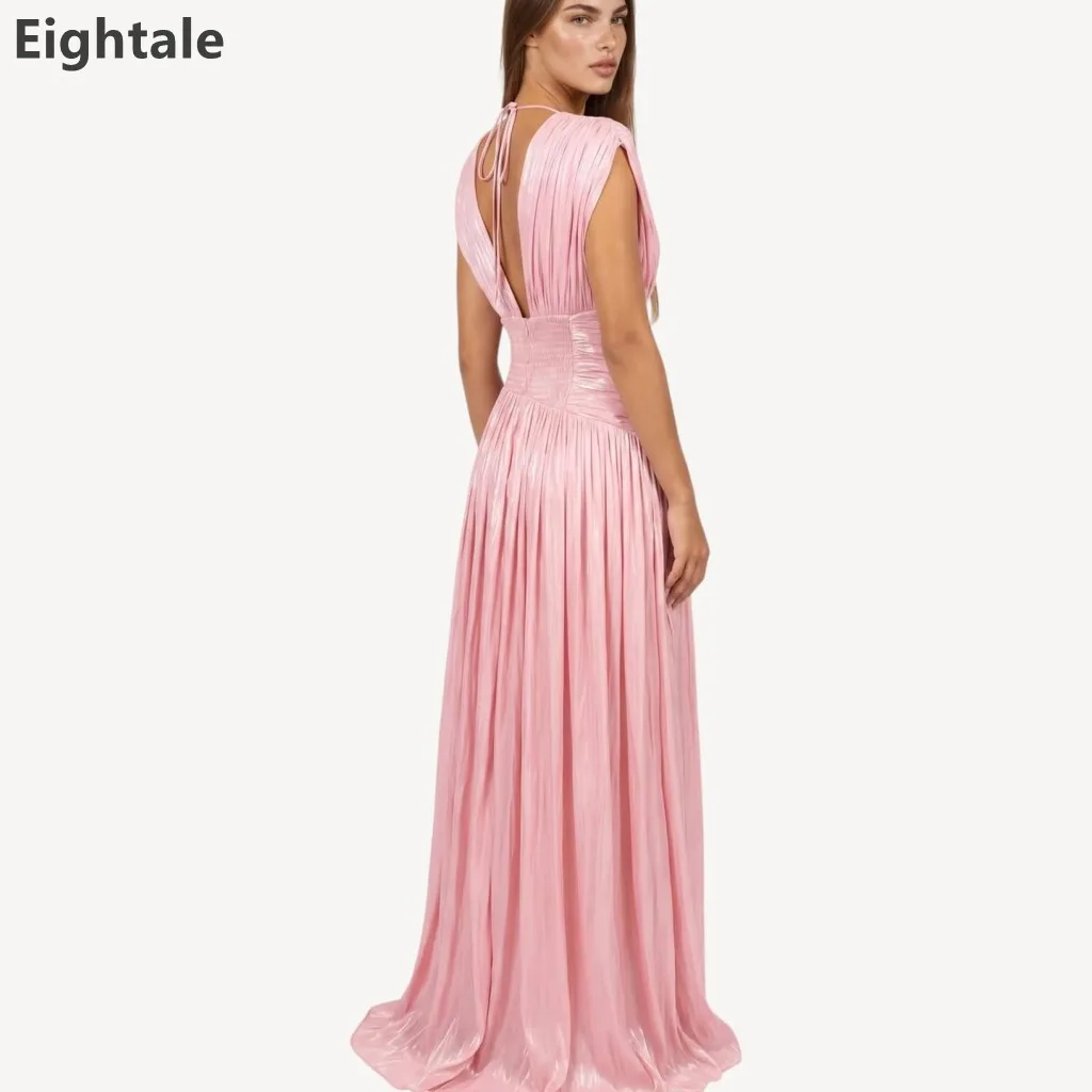 Eightale Metallic Chiffon Maxi Evening Dress Deep V Cap Sleeve Ruched Waist High Split Back Tie Formal Party Gown Customized