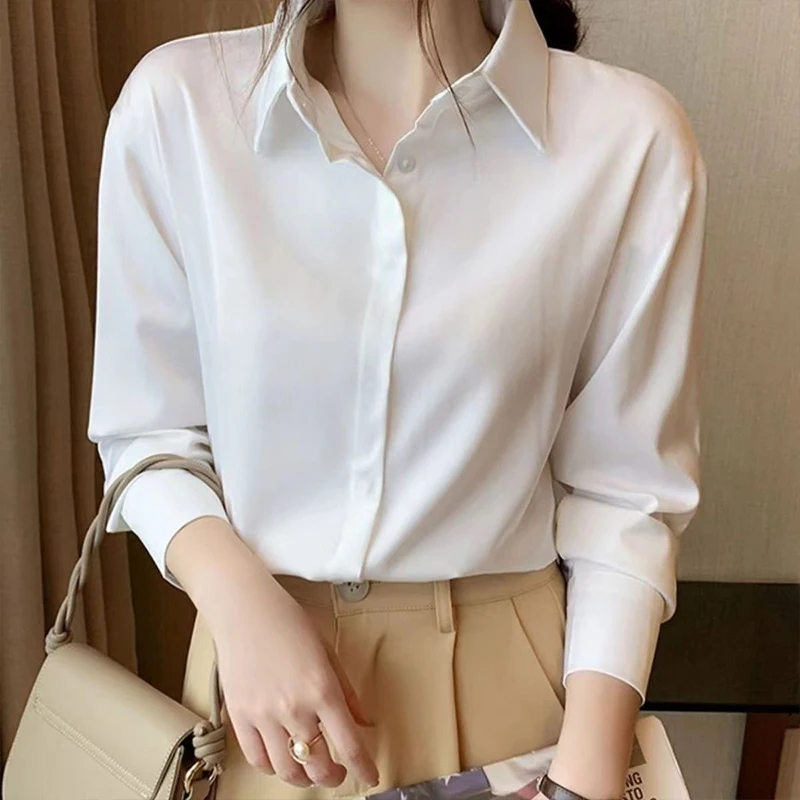 Lente Casual Koreaanse Mode Losse Kantoor Dame Eenvoud Elegante Trend Knoppen Single Breasted Effen Kleur Shirts Lange Mouw