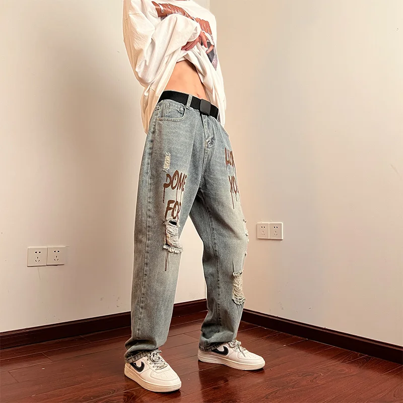 CAAYU 2022 New Baggy Jeans Men\'s Fashion Harajuku Loose Korean Streetwear Straight Wide Leg Pants Male Clothing Blue Pants Mens