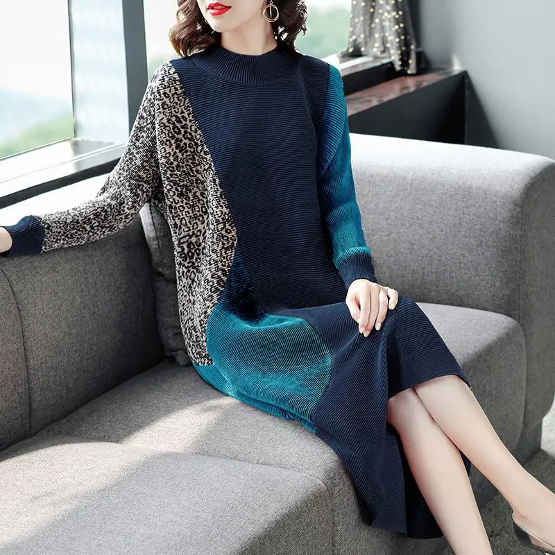 Commute Spliced Midi Dress Vintage Contrasting Colors Women's Clothing Chic Asymmetrical Autumn Winter Half High Collar Dresses