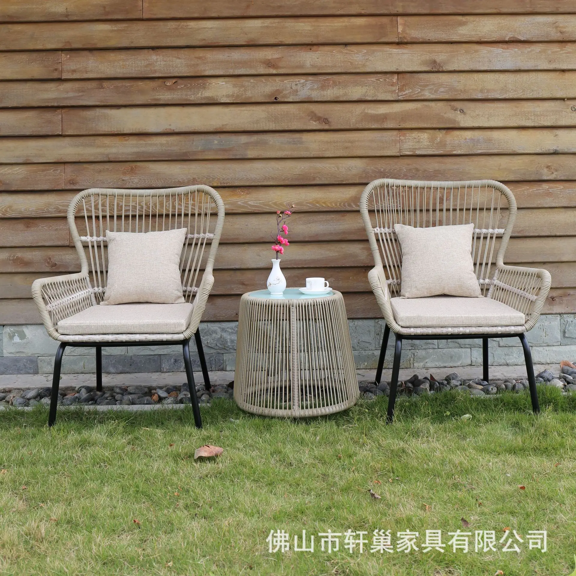 Customized rattan rope woven rattan chairs Tea table Hotel rattan woven outdoor furniture woven leisure chairs