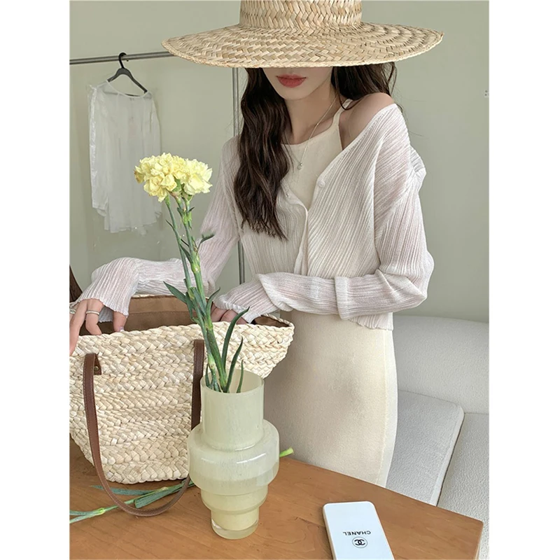 MEXZT Women Cropped Sun Proof Shirts White V Neck Long Sleeve Blouses Summer Korean Fashion Black Sun Protection Cardigan Tops