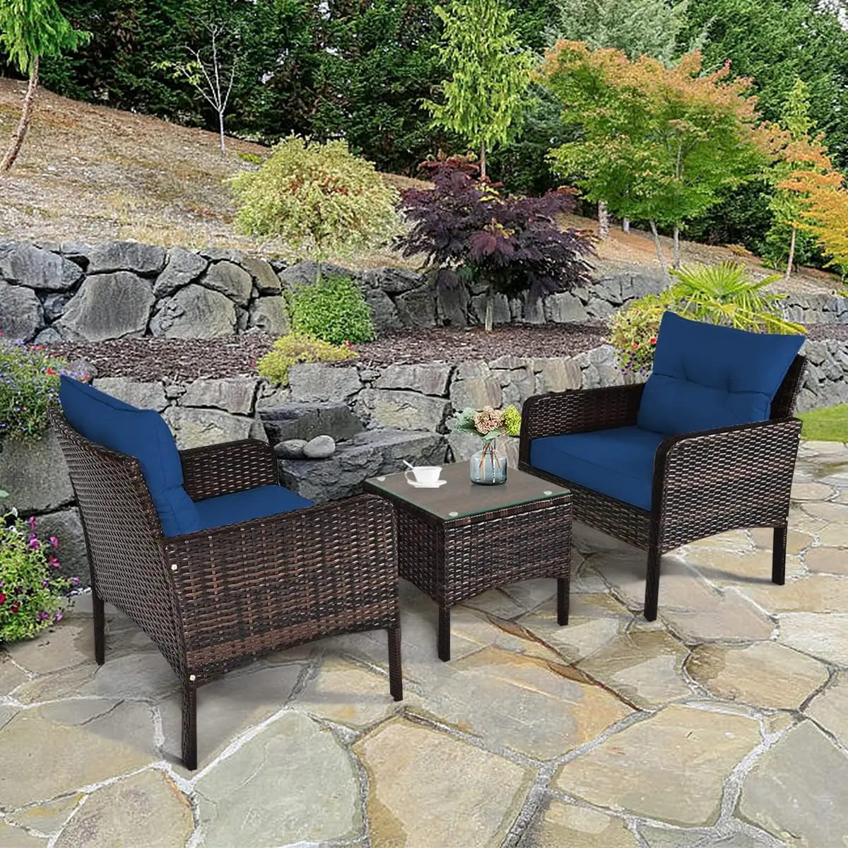 Outdoor Rattan Wicker Móveis Set, Pátio Conversa Set, Mesa de café e cadeiras, Pátio Bistro, 3 pcs