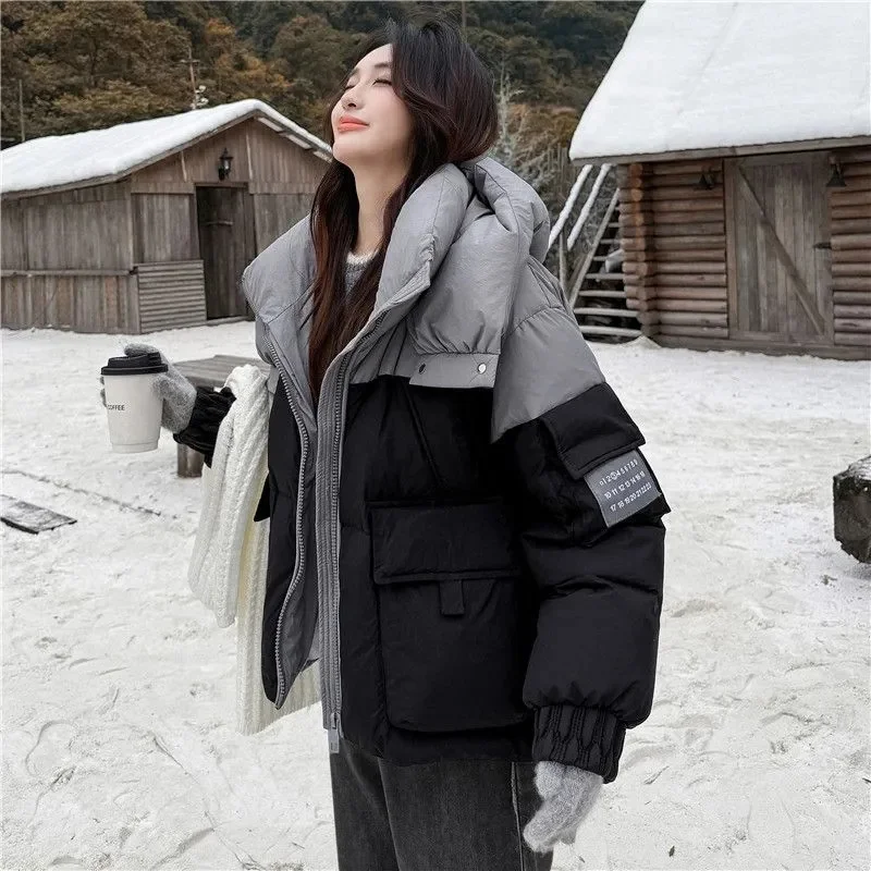 

Short Warm Cotton Padded Coat 2025Winter New Fashion Down cotton jacket Women Parkas Stitching Korean Hooded Overwear Ladies Top