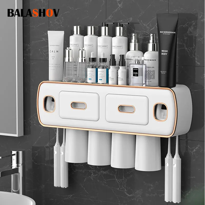 Magnetic Adsorption Toothbrush Holder Inverted Wall-Mounted Toothbrush Rack Double Squeezer Multifunctional Storage Rack