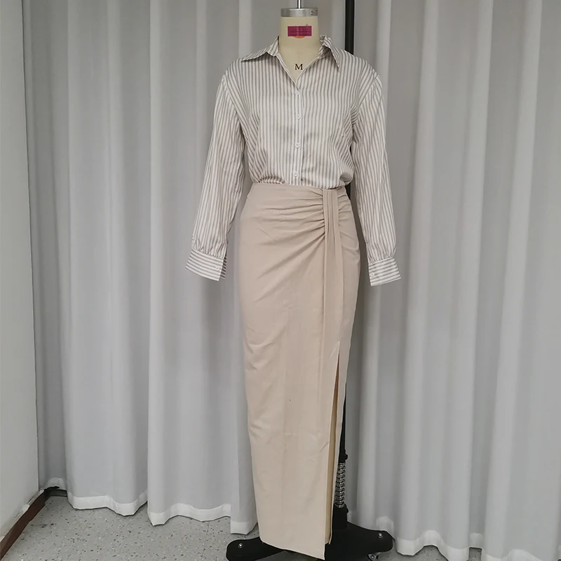 Wefads-Ensemble 2 pièces pour femme, chemise à manches longues imprimée rayée, jupe irrégulière plissée fendue A-Line, haut de bureau à boutonnage