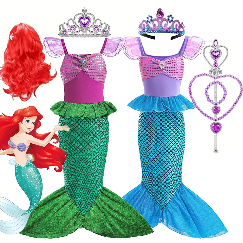 Disney Little Mermaid Ariel Princess Dress For Girls Cosplay Costume Children Carnival Birthday Party Clothes Summer Vestidos