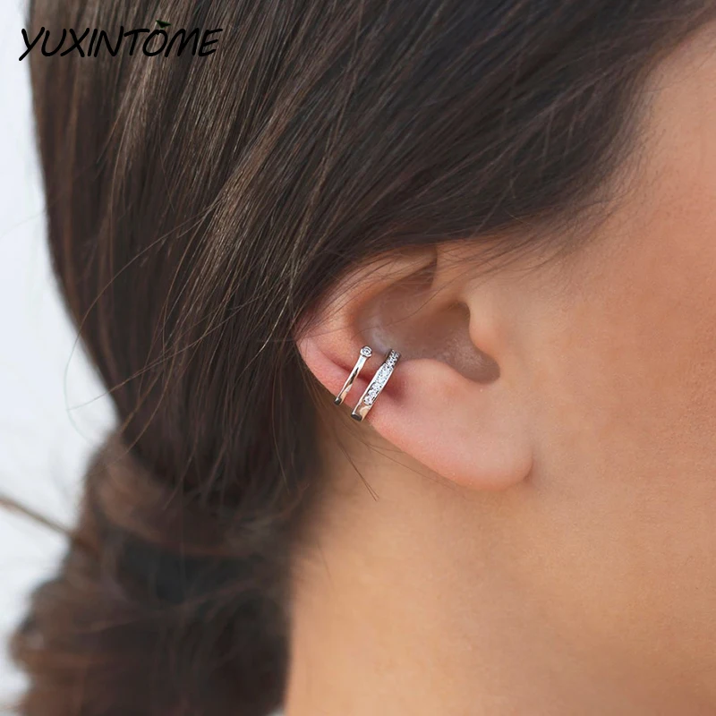 YUXINTOME 1 قطعة الزركون طبقة مزدوجة مفتوحة هندسية قرط كبس دون مثقوب للنساء وهمية الكفة أقراط مجوهرات الفتيات هدية