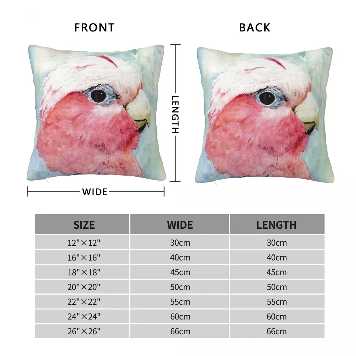 Australian Galah Cockatoo Watercolour Square Pillowcase Polyester Linen Velvet Creative Zip Decor Sofa Cushion Cover