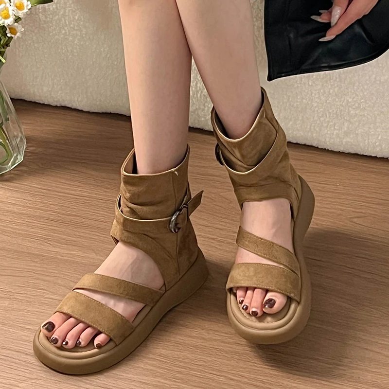 

Women Open Toe Buckle Ankle Bootie Chunky Thick Sole Suede Back Zipper Casual Summer Streetwear Platform Gladiator Sandals Shoes