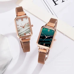New Women Watches Fashion Square Ladies Quartz Watch Magnetic Strap Green Dial Simple Rose Gold Mesh Luxury Women Watches