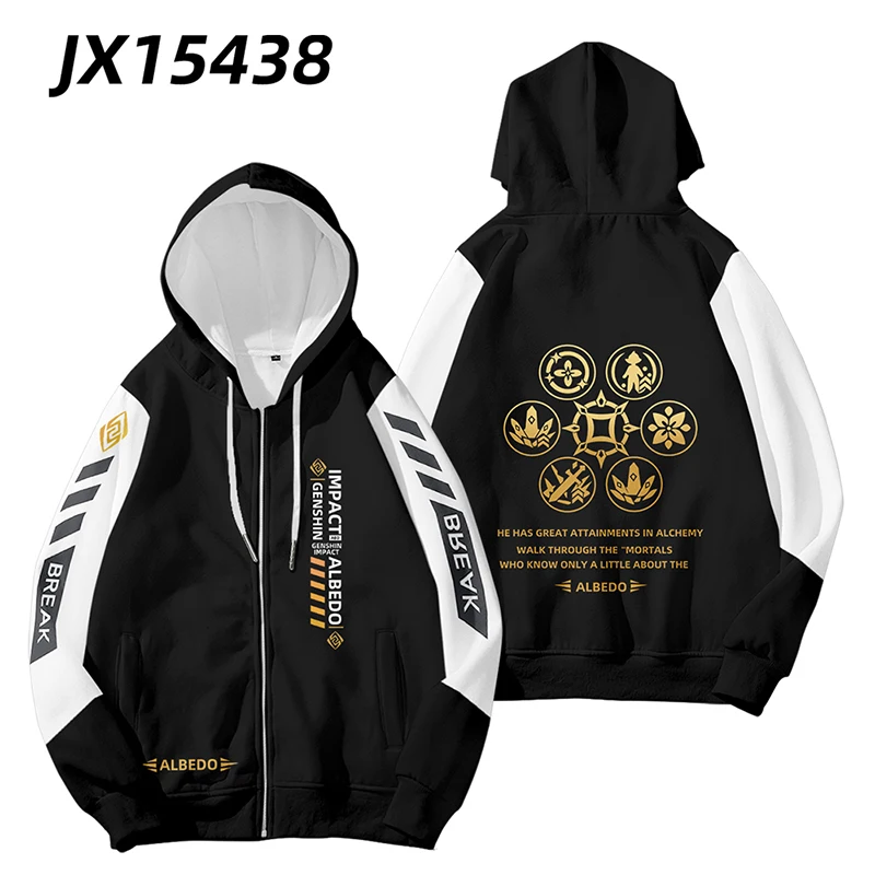 Game Genshin Impact 3D Print Zip Up Vrouwen/Mannen Hoodie Sweatshirt Streetwear Hip Hop Albedo Cosplay Rits Capuchon bovenkleding