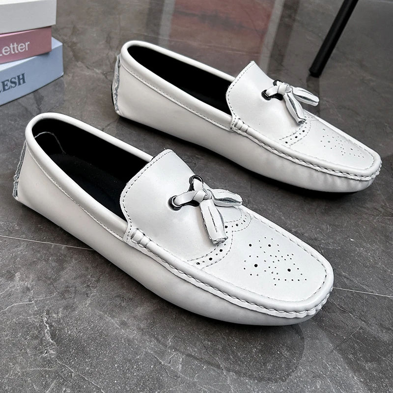 

Large Size Tassel Loafers Men Casual Shoes Handmade Leather 2024 Slip on Flats Fringe Man Moccasins White Mens Driving Shoes