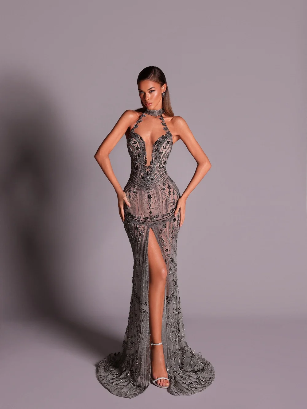 GraceProm فستان كوكتيل فضي كريستالي براقة مع فتحة رسن غمد فستان رسمي قصير الطول للحفلات أنيق سباركلي للنساء #4