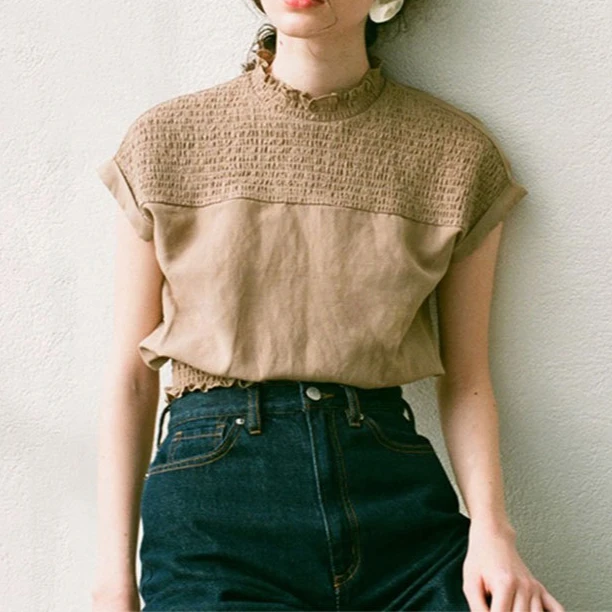 

Gagarich 2025 Summer New Retro Mushroom Edge Half High Neck Round Neck Short Sleeve Top