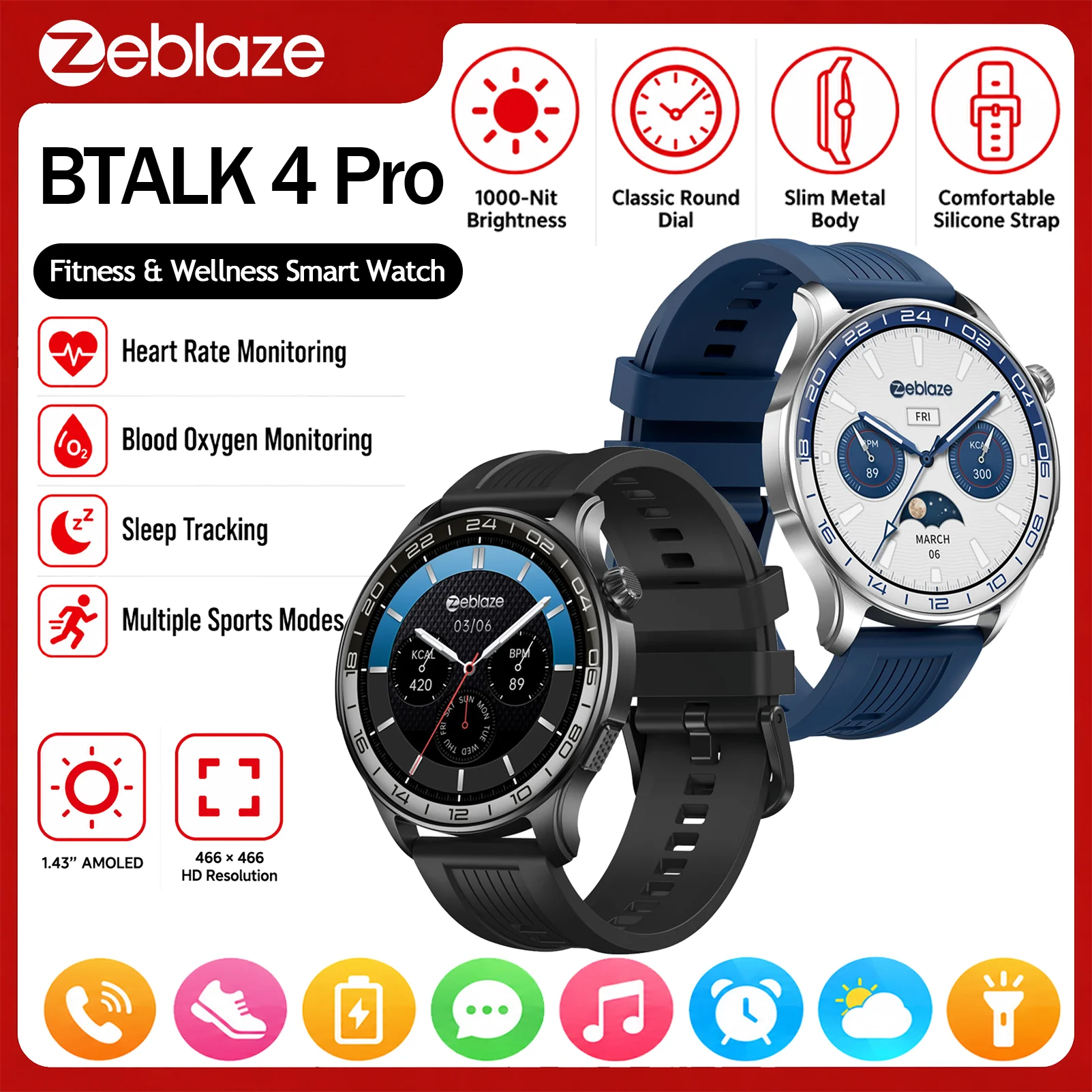 Zeblaze BTALK 4 Pro Montre Connectée 1.43" AMOLED Affichage Toujours Allumé Appel Bluetooth Clavier Batterie 21 Jours IP68 Étanche Fréquence Cardiaque SpO2 Sommeil 300+ Cadrans Smartwatch Homme Femme Sport