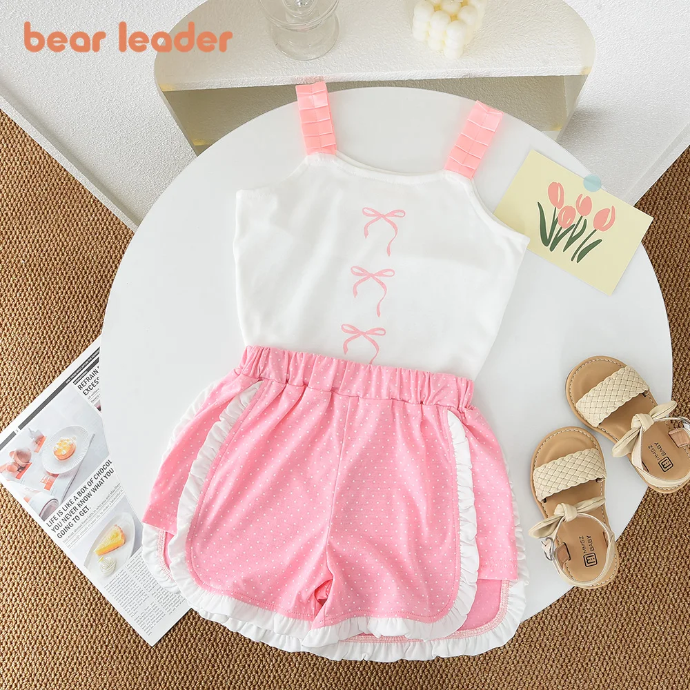 

Bear Leader 2025 New Baby Girls Set Summer 3D Bow Suspenders + Polka Dot Lace Shorts 2Pcs Casual and Sport Home Kids Clothes