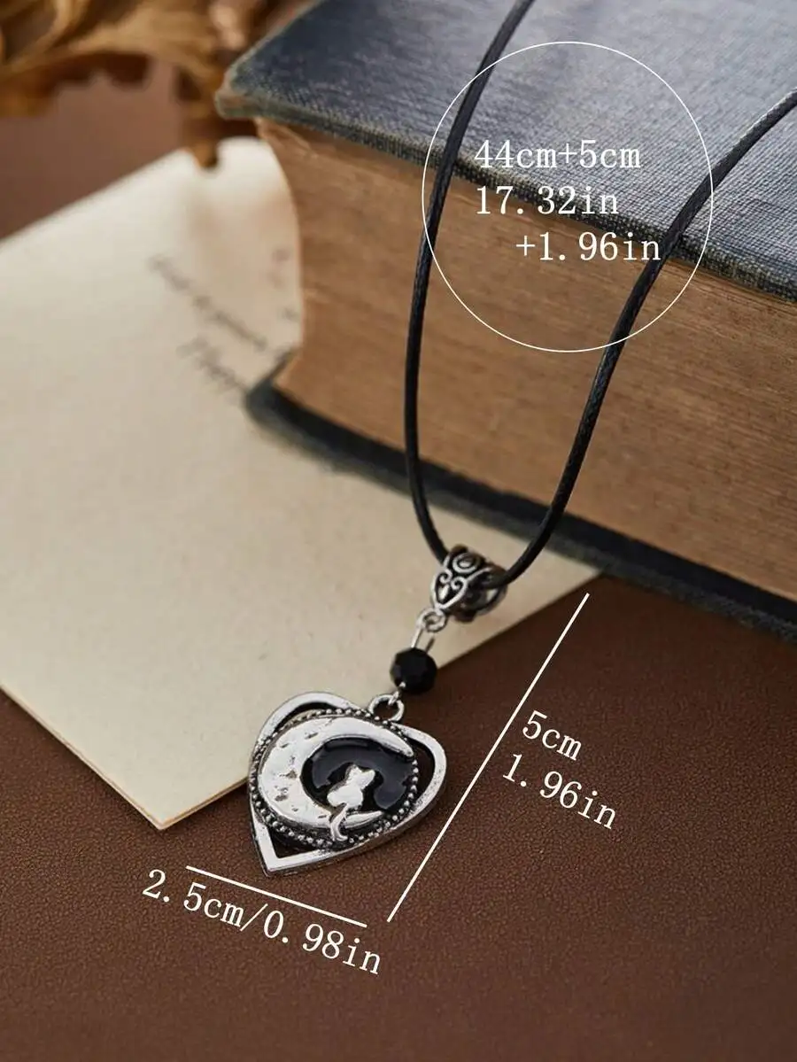 

Gothic Heart Cat Moon Waxed Cord Pendant Necklace For Women