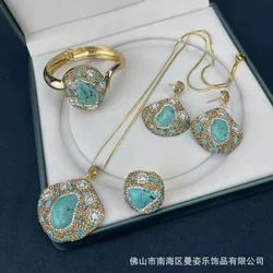 New turquoise inlaid baroque pearl four-piece French vintage popular jewelry wholesale
