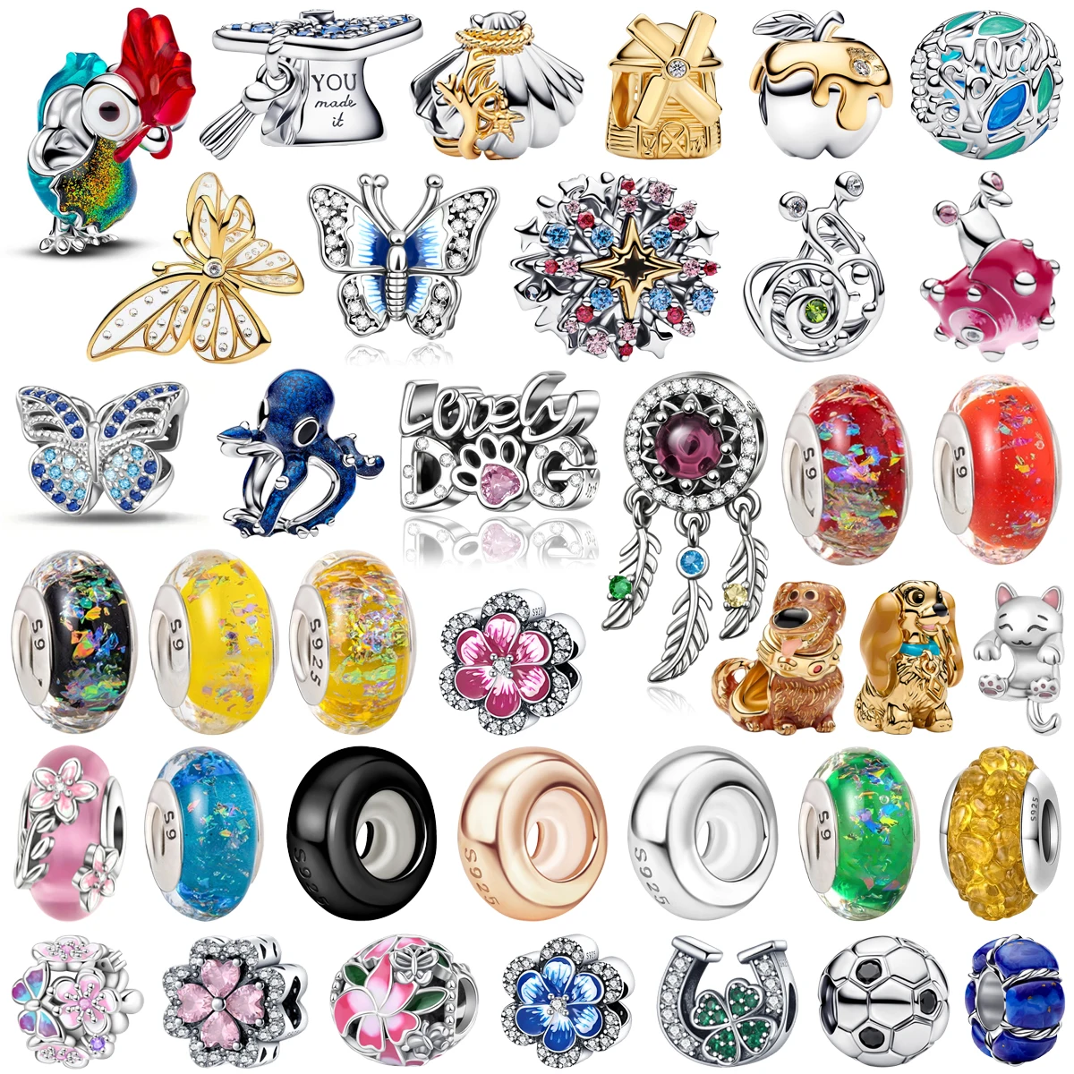 Hot Sale 925 Sterling Silver Butterfly Flower Four Leaf Clover Dog Silicone Colorful Glass Charm Beads DIY Women's Jewelry Gift