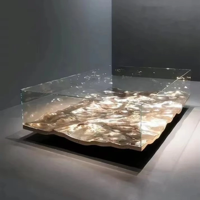 Nordic style art modern luxury fiberglass base, water ripple waves, irregular shape, glass mirror coffee table