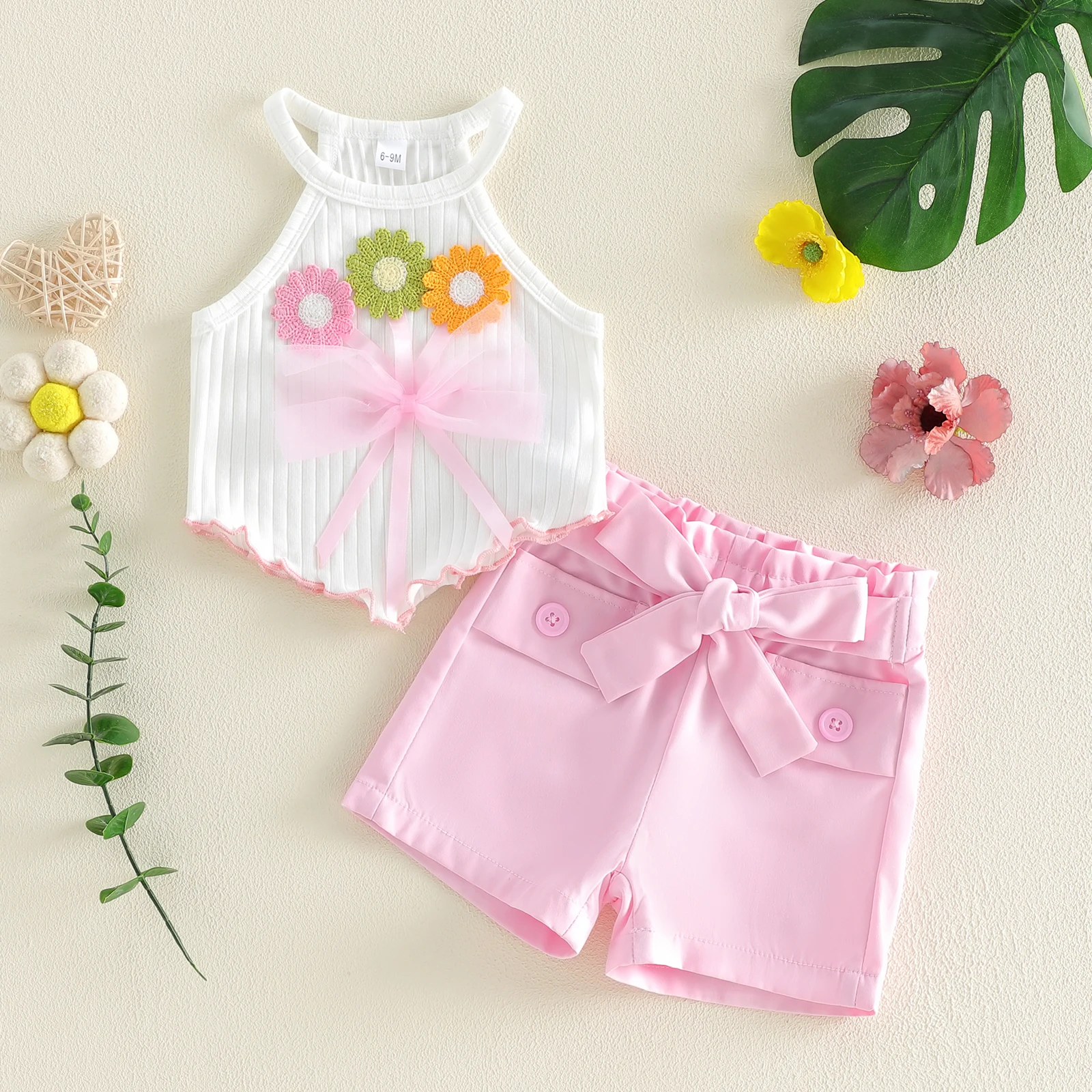 2Pcs Chic Baby Girl Summer Outfits Sleeveless Bow Front Tops Shorts Set Toddler Baby Clothes Set