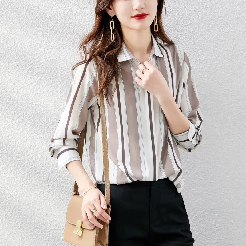 Chiffon Women Shirt Button Up Shirt Long Sleeve Blouse Korean Fashion Women Clothing OL Stripe Casual Shirts Basic Womens Tops