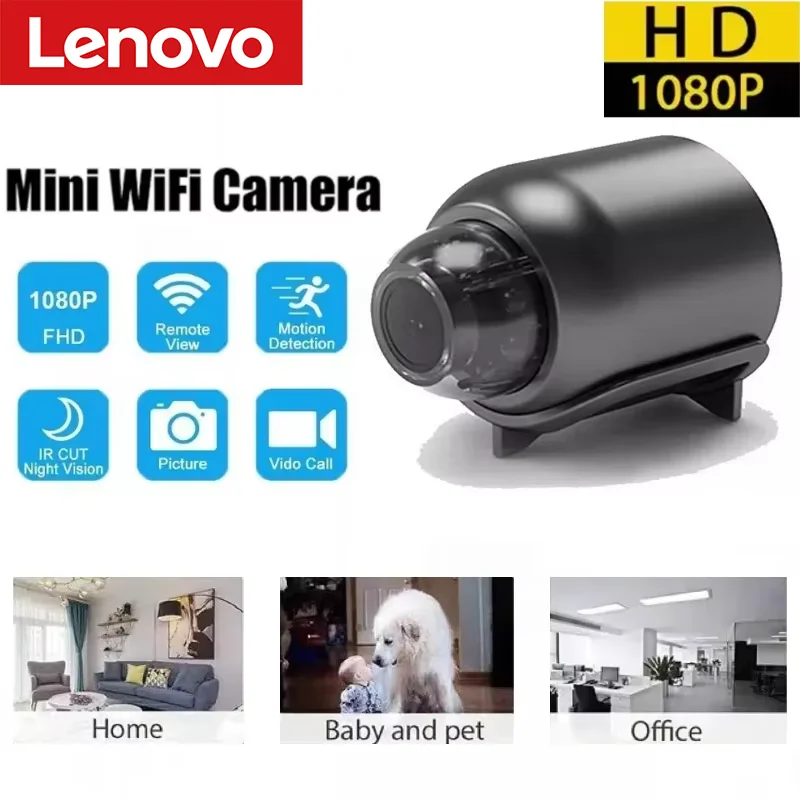 Mini caméra Lenovo 1080P sans fil, caméra de surveillance de sécurité, vision nocturne, détection de mouvement, caméscope, moniteur, maison intelligente