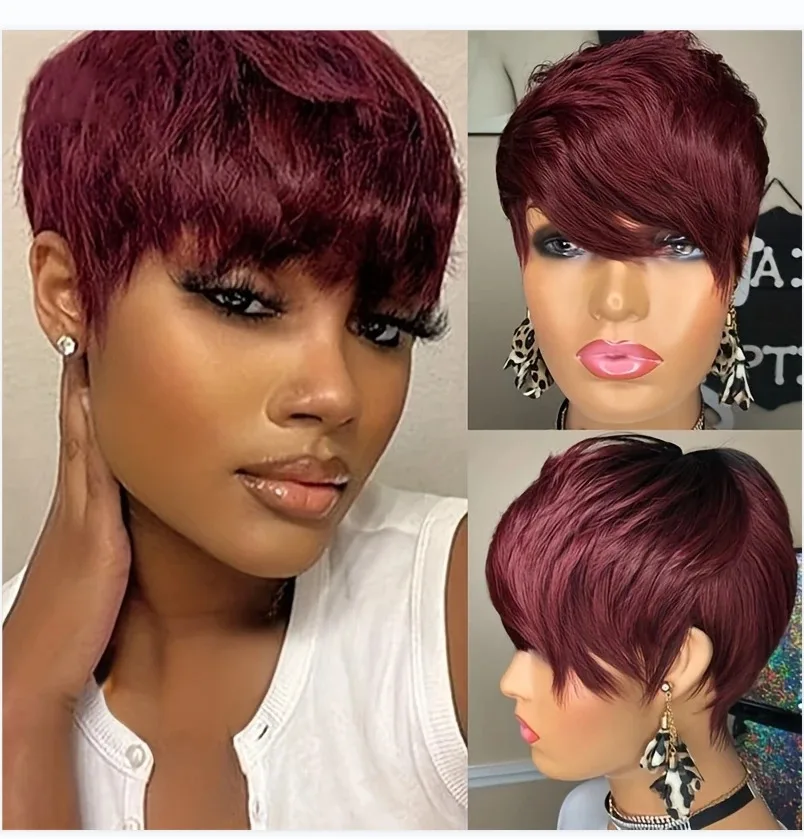 LUXURIOUS Burgundy 99J Colored Short Bob Remy Human Hair Wig With Bangs Glueless Pixie Cut Full Machine Made Wigs