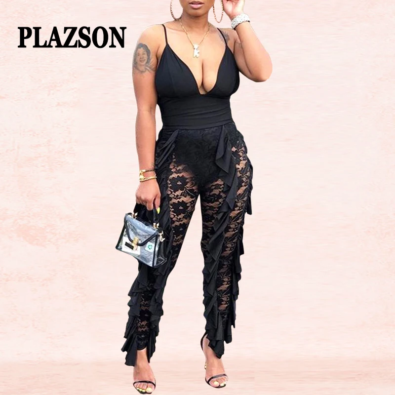 

PLAZSON Lace See Through Sleeveless Sexy Jumpsuit Summer Backless Women Fashion Lace Deep V Neck Sling Slim Club Party Jumpsuits