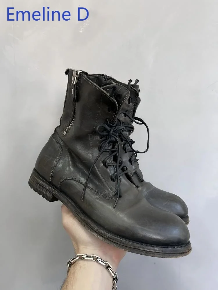 Unisex Distressed Leather Mid Ankle Boots Round Toe Flat Heel Lace Up Closure Back Zipper Dark Retro Casual Fashion Combat Boots