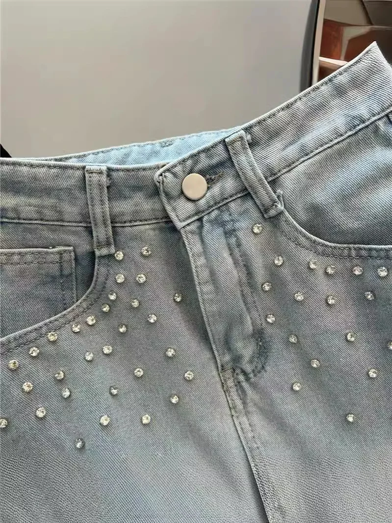 Summer High Waisted Denim Skirts Temperament Nail Bead Mid Length Casual Bodycon A-line Skirts Women Fashionable Split Skirts