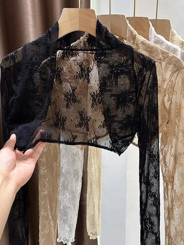 2025 New Lace Embroidery Sun Protection f Sve Cardigan Strap Dr Cover up ort Length Me Top Korean Sle Slim Fit