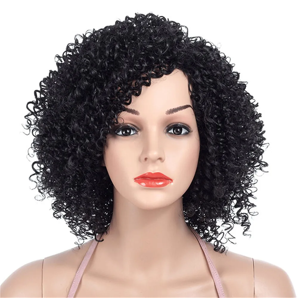 Parrucca sintetica Europeo e americano Nero Colore rosso scuro Parrucche corte Puffy Piccoli riccioli Capelli Esplosivi Afro Festa quotidiana CosplayUse