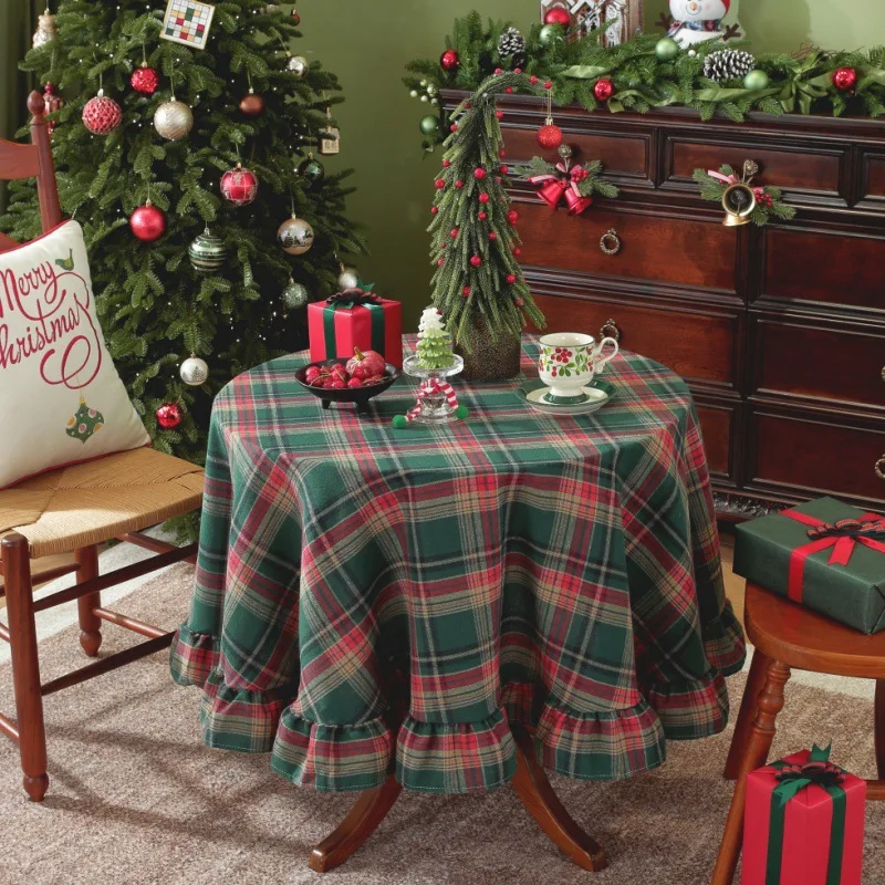 Round/Rectangular Christmas Plaid Tablecloth Ruffled Cotton Fabric Table Decoration for Wedding Kitchen Dining Room Table Covers