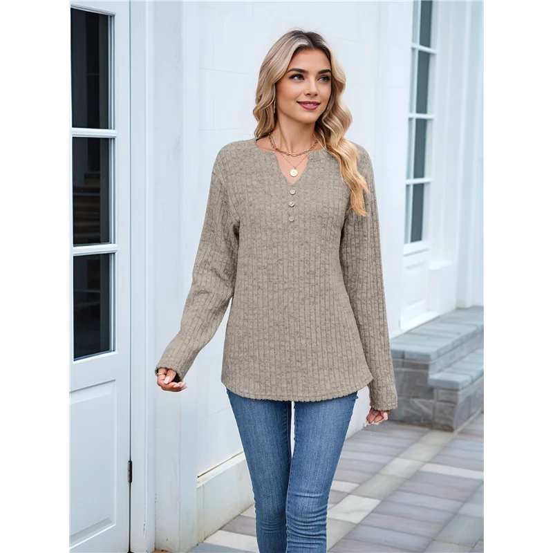 AOAO-Women Long Sleeve Shirts Dressy Casual Button V Neck Pullover Sweaters Jumper Tops Fall Outfits