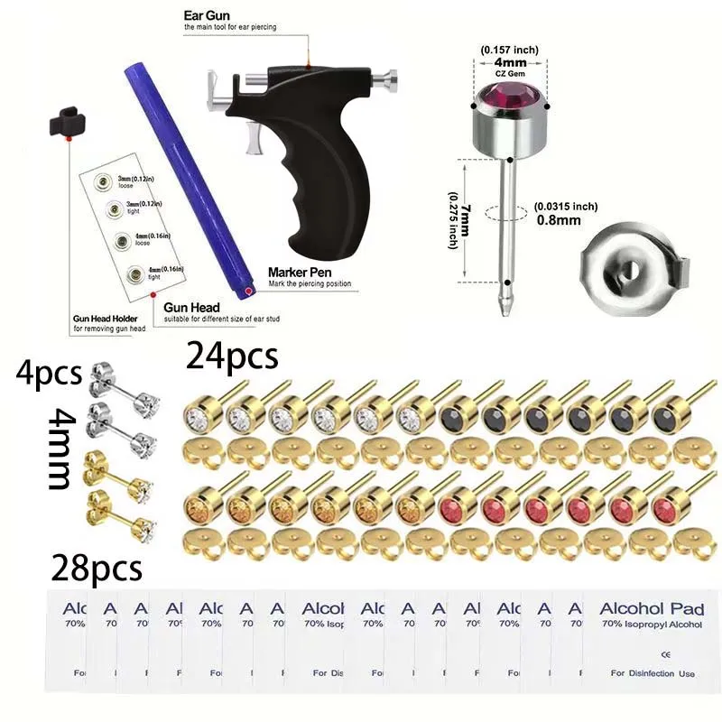 1Set Professional Steel Stainless Ear Piercing Gun Kit with 24pcs 4mm Piercing Studs & 4pcs 4mm Crown Studs