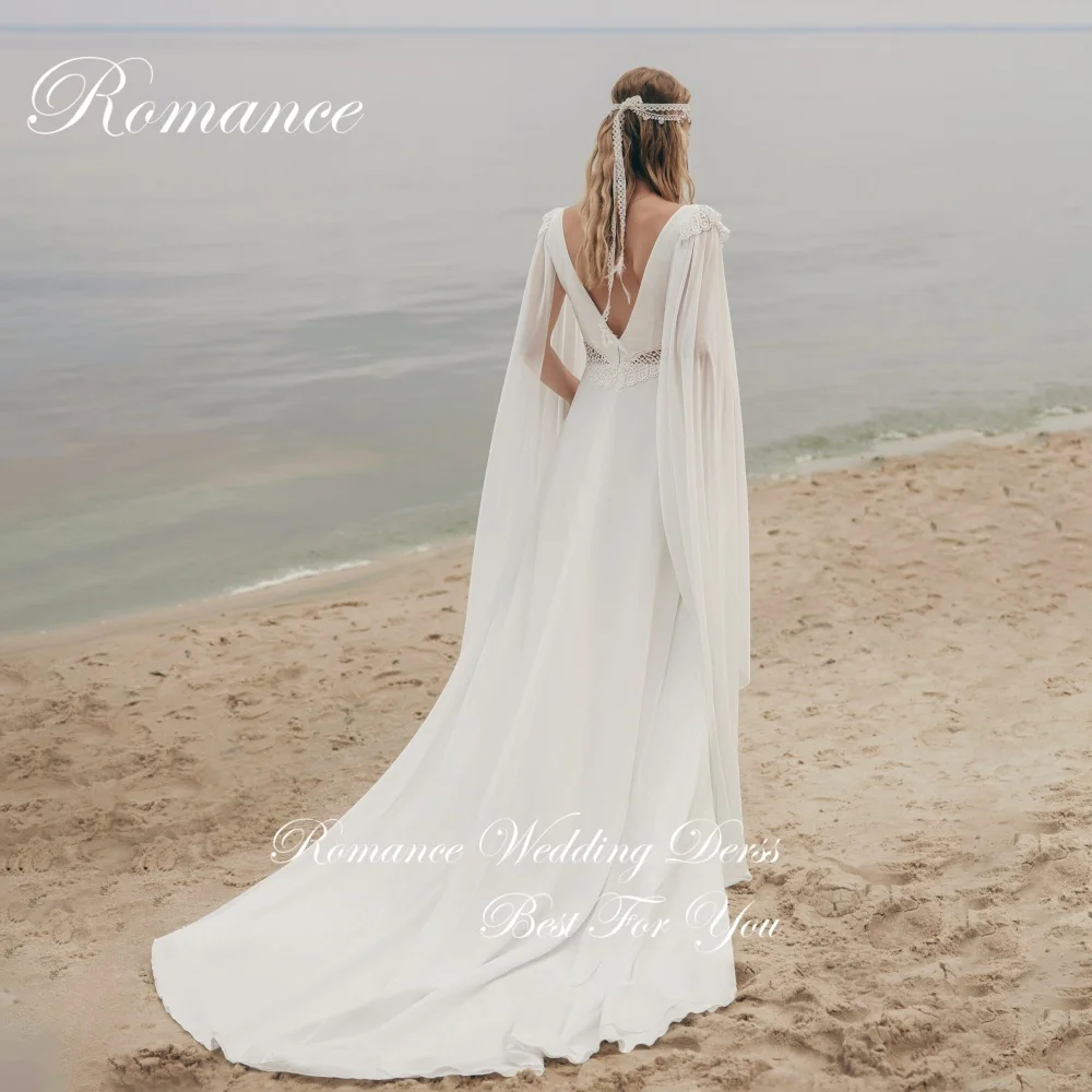 

Boho Pleat Shawl A-Line V-Neck Wedding Dress Women Train Spaghetti Straps Lace Open Back Chiffon Vestidos De Novia Customized