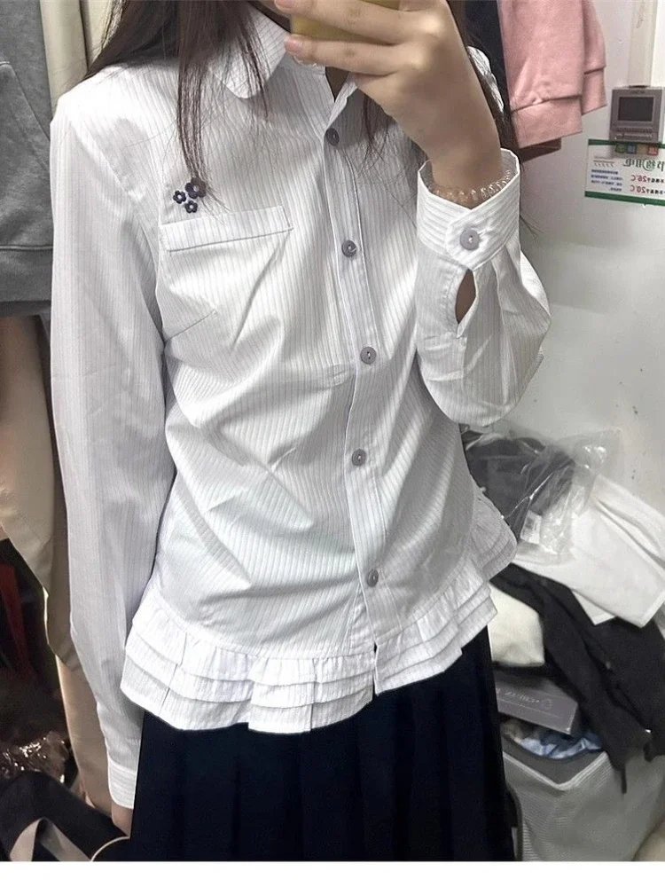 Kawaii – chemise à rayures blanches pour femmes, manches longues, broderie florale, mode coréenne, chemisiers à volants, ample, Preppy JK, hauts de printemps, nouveau