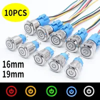 10 Uds. Interruptor de alimentación de Metal de 16mm y 19mm botón de encendido para luces LED de coche bloqueo impermeable autorreinicio con enchufe cabeza plana 12V