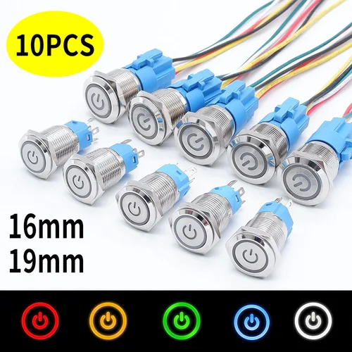 10 Uds. Interruptor de alimentación de Metal de 16mm y 19mm botón de encendido para luces LED de coche bloqueo impermeable autorreinicio con enchufe cabeza plana 12V