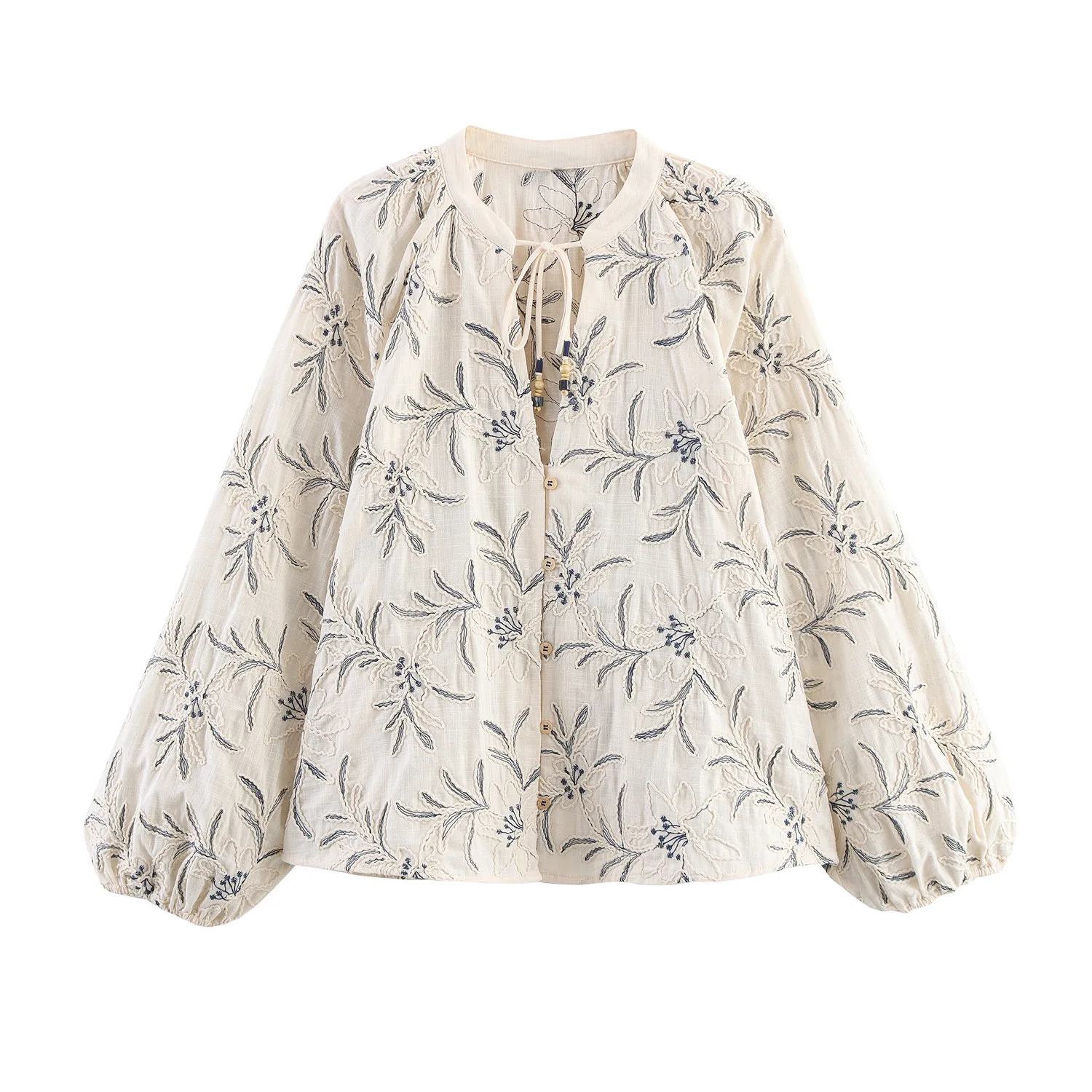 

Bohemian Embroidered Shirt Blouse Lace Up V-Neck Long Sleeve Autumn Beach Vacation Top