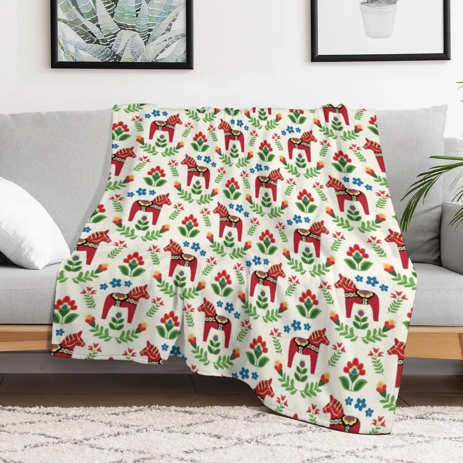 Swedish Dala Horses Red Throw Blanket Loose Multi-Purpose Vintage Blankets