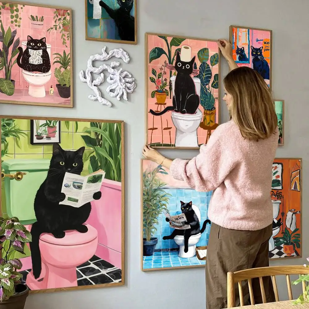 Black Cat on Toilet Bathroom Wall Art Matisse Vintage Posters Sticky Retro Kraft Paper Sticker DIY Room Bar Cafe Kawaii Room