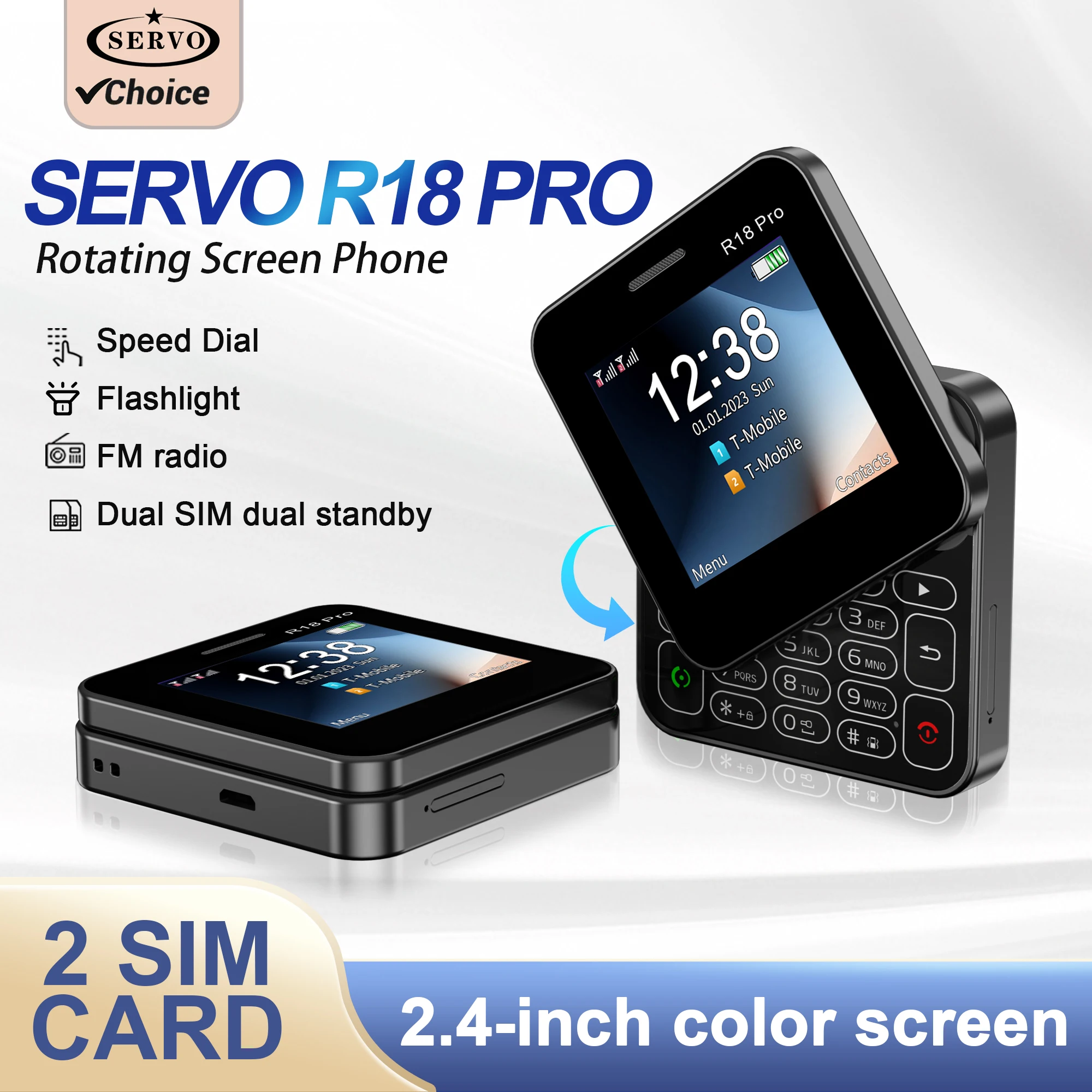 SERVO Rotating Screen Mini Mobile Phone Speed Dial Video Blacklist Flashlight 2.4'' Color Display Dual SIM Button Cellphones MP4