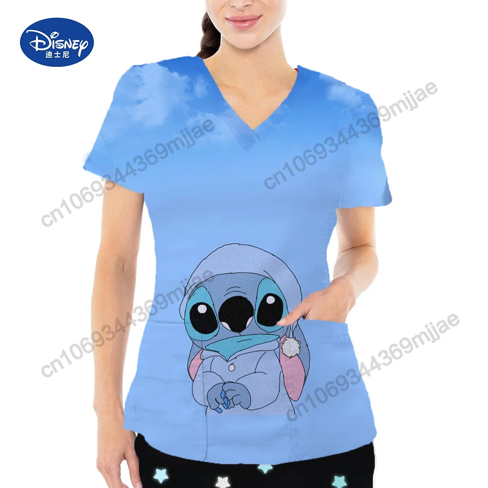 

Disney Pocket V-Neck Korean Style Clothes for Women Women's Short Sleeve T-shirt Summer Tops Y2k Anime T Shirts Woman T-shirts